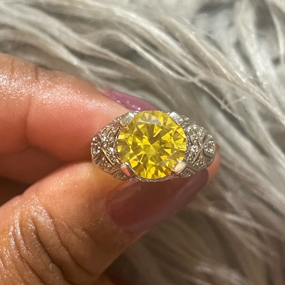 Diamonique Sterling Silver Canary Yellow Round Cut Ring Size 7